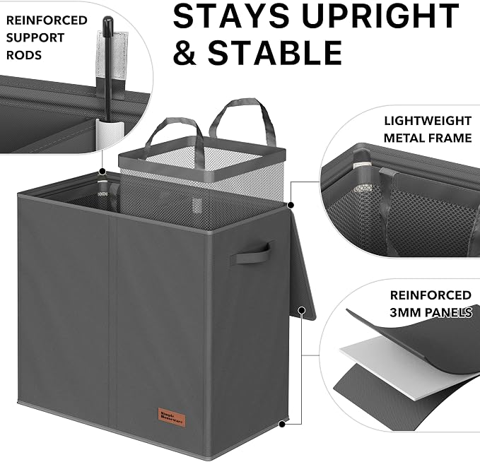 Simple Houseware Double Laundry Hamper with Lid & Removable Bags, Dark Gray | Heavy Duty 600D Polyester, Water-Resistant Surface