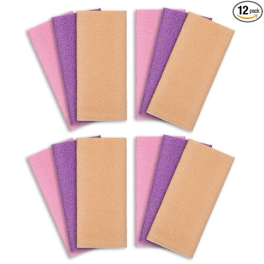 ARCH&M Exfoliating Washcloth 12 Pack, Peach Purple Pink | Back Scrubber for Shower, Japanese Exfoliating Shower Towel, Daily Use, Korean Beauty Wash Cloth