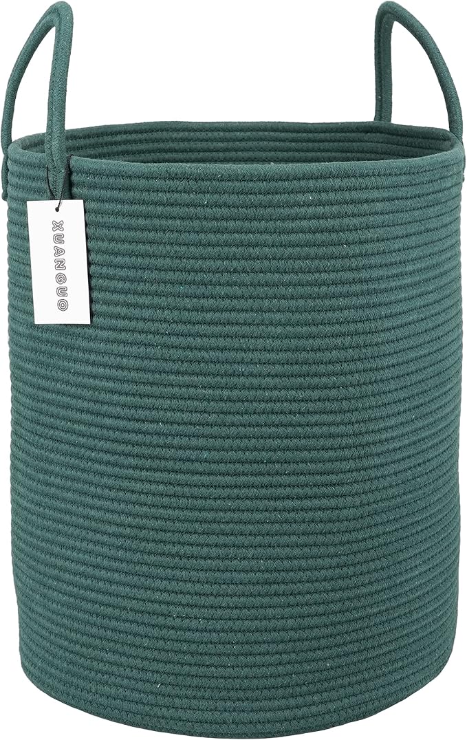 XUANGUO Cotton Rope Laundry Basket Hamper for Clothes Large Dark Green | Baby Nursery Hamper Bin and Woven Storage Basket for Living Room Bedroom Boho Tall Rope Baskets Blankets Toys Pillows Towels