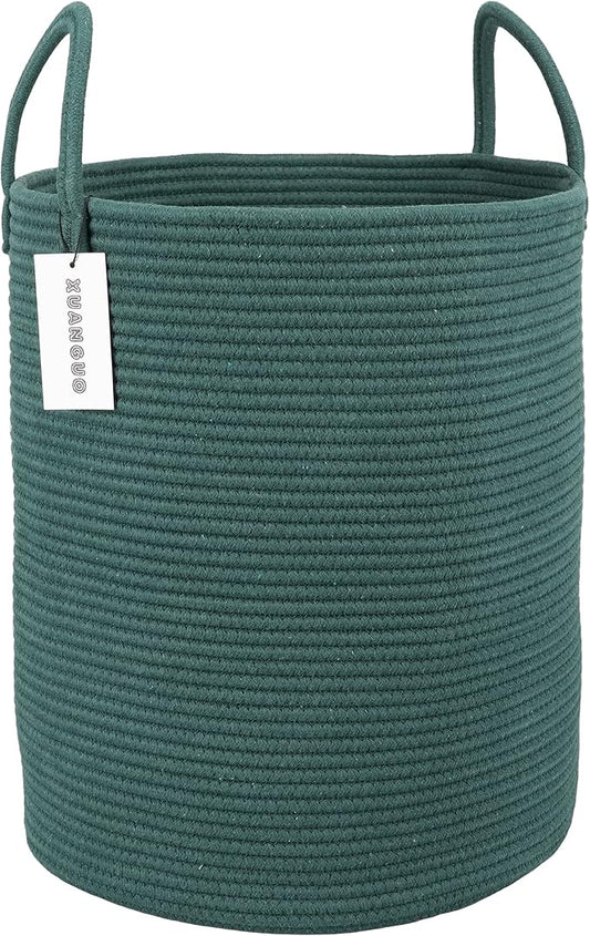 XUANGUO Cotton Rope Laundry Basket Hamper for Clothes Large Dark Green | Baby Nursery Hamper Bin and Woven Storage Basket for Living Room Bedroom Boho Tall Rope Baskets Blankets Toys Pillows Towels