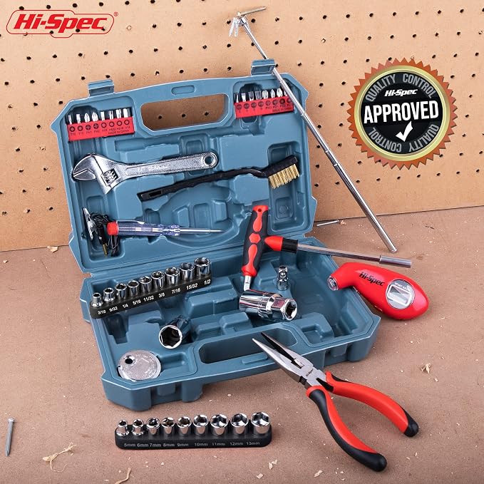Hi-Spec Compact Auto Garage Tool Kit with Digital Tire Pressure Gauge | 65pc, socket and wrench coverage, roadside fixes, organized box, garage maintenance help, bike and vehicle tasks, quick setup