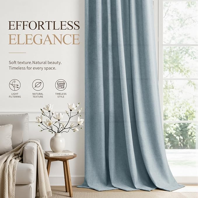 Hokibero Blue Linen Curtains 102 Inches Long Drape for Living Room 2 Panels | Light Filtering Sheer Curtain, Back Tab Rod Pocket Pleated Look, Dusty Blue Privacy Drapes for Bedroom Window, Boho Farmhouse