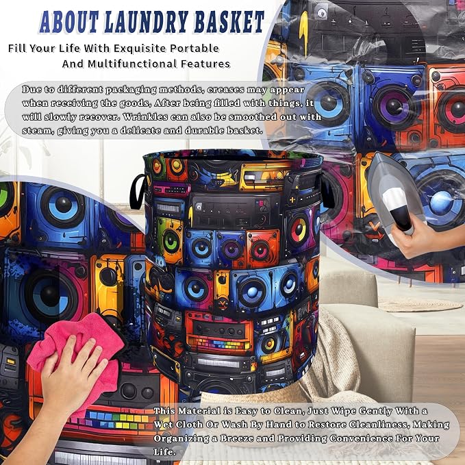 Retro Radio Tape Laundry Basket Oxford Cloth Colorful Music Laundry Hamper With Handle Foldable Portable Clothes Storage Basket Funny Laundry Bag 18.9"x16.5" For Laundry Room/Bedroom/Bathrooms