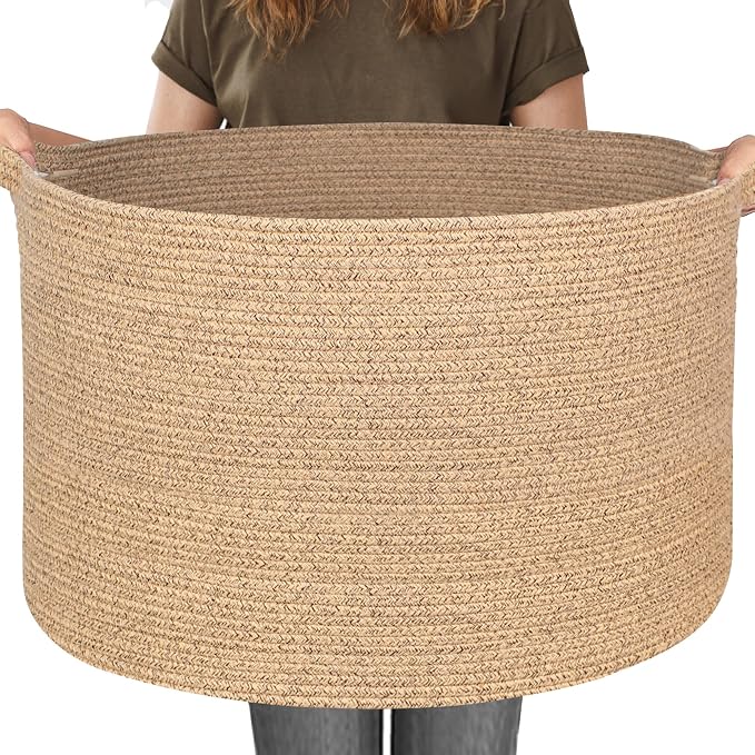 MEGASKET 115L Extra Large Storage Basket, 23.6"x15.7" Woven Cotton Rope Basket, Giant Kids Dog Toy Bin, XXXL Boho Blanket Pillow Holder for Living Room, Brown Variegated Woven Baskets for Organizing