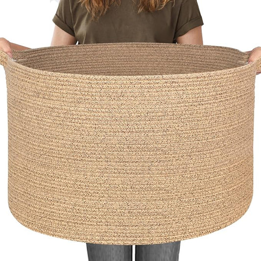 MEGASKET 115L Extra Large Storage Basket, 23.6"x15.7" Woven Cotton Rope Basket, Giant Kids Dog Toy Bin, XXXL Boho Blanket Pillow Holder for Living Room, Brown Variegated Woven Baskets for Organizing