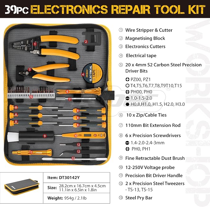 Hi-Spec Electronics Repair & Opening Tool Kit for Laptops Phones Devices | 39pc, everyday fixes made easier, organized portable storage, beginner-friendly selection, apartment and office tasks, tidy