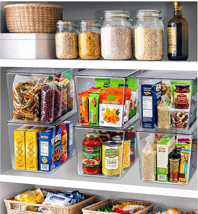 Clear Storage Bins with Lids, 8 Pack X-Large Stackable Clear Bins, Clear Storage Containers with Lids, Plastic Organizer Boxes for Pantry Storage, Kitchen Cabinets, Closet Organization, Bathroom
