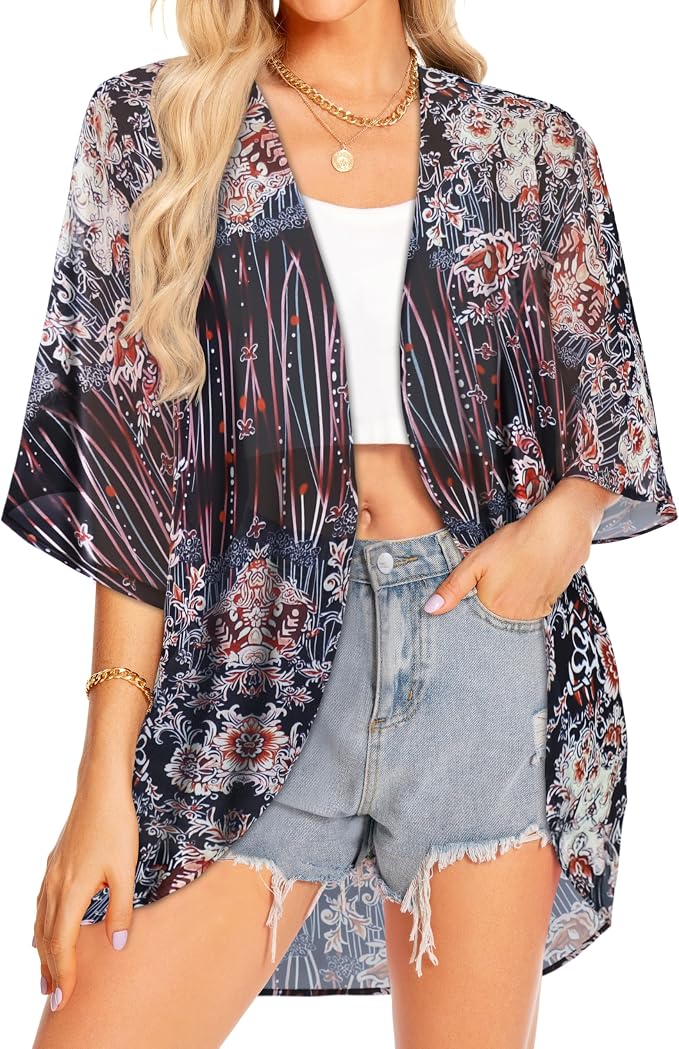 Women Kimono Cardigans Summer Cover Up Hawaiian Shirts Floral Print Tops | ROSEMIA chiffon kimono open front cardigans, beach cover ups, daily casual tops, cruise outfits, summer resort wear