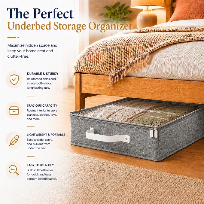 HOMELUX THEORY 2pc Under Bed Storage Containers, Bedroom Under the Bed Drawer Storage Organizer with Bins and Lids, Large Underbed Clothes Storage Box Ideal for Blanket, Fabric, & Shoes (LightGray)