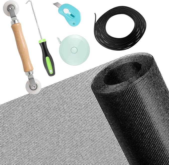 Secopad Window Screen Repair Kit, 39" x 78" Screen Door Mesh Replacement Kit, Durable Fiberglass Roll with Tools for Windows Doors Patio and Porch Replacement, Black