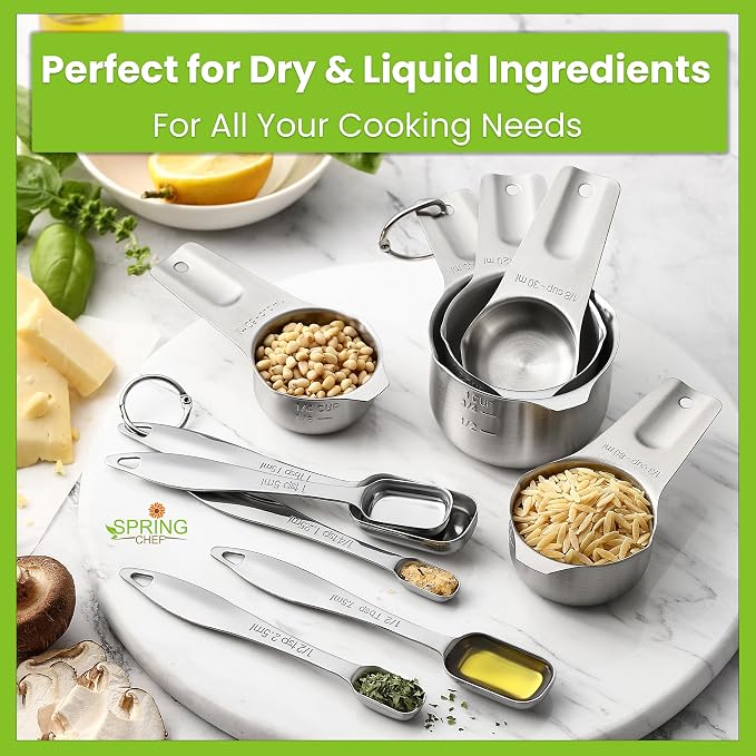 Spring Chef Stainless Steel Measuring Cups and Spoons Set of 10, Nesting Kitchen Metal Measuring Cups and Spoons Set for Dry and Liquid Ingredients, Perfect for Cooking & Baking