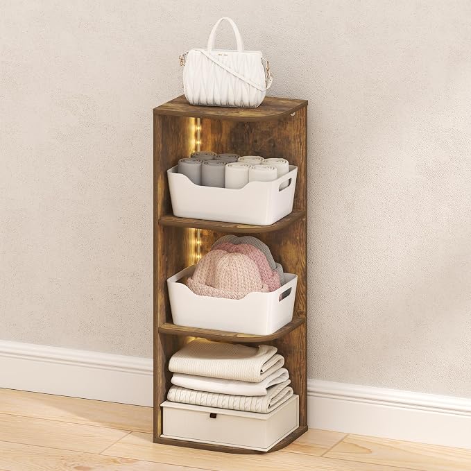 Furinno PASIR Corner Closet Organizer with LED Lights, 3-Tier, Amber Pine | 9.3 x 12 x 31.5, LED Closet Organizers and Storage, Open Shelves Closet Storage for Wardrobe, Bedroom, Entryway