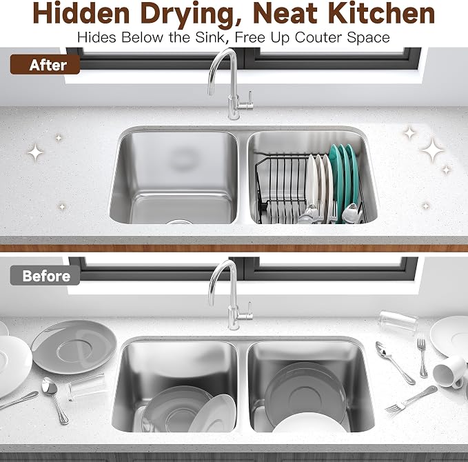 JASIWAY in Sink Dish Drying Rack, Stainless Steel Small Black Dish Drainer | Perfect Fit 12"x14" Double Bowl Sink, Counter Space Saving for Kitchen, Apartment, Sturdy Dish Dryer with Utensil Holder