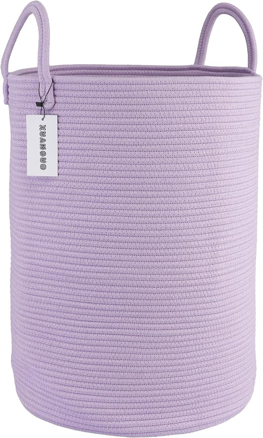 XUANGUO Rope Laundry Basket Hamper for Clothes Large Purple Lavender | Baby Nursery Hamper Bin and Woven Storage Basket for Living Room Bedroom Boho Tall Rope Baskets Blankets Toys Pillows Towels