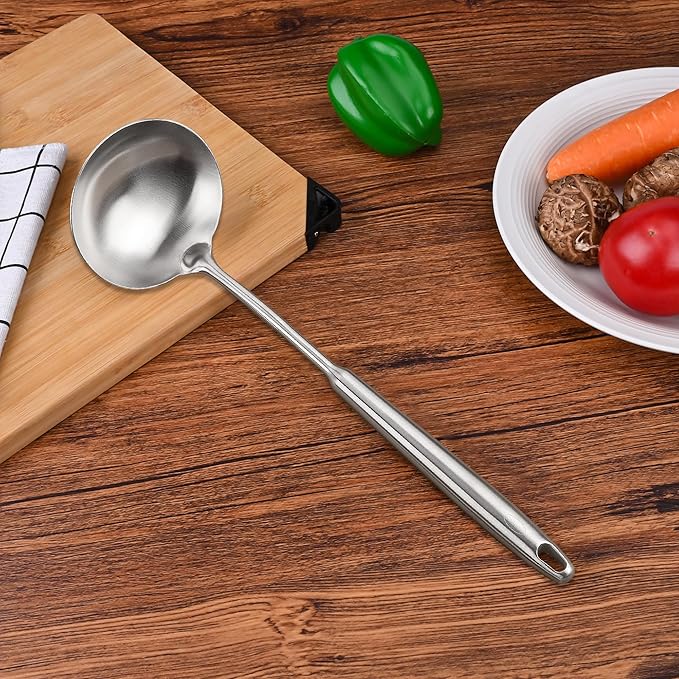 FJNATINH Soup Ladle Stainless Steel, Food Grade Metal Kitchen Ladle Spoon for Canning Soups Sauces, Easy to Clean, 15 Inches