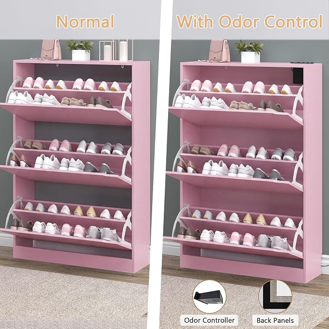 BORNOON Shoe Cabinet with Odor Control and Back Panels, Deodorizing Slim 3-Flip Shoe Storage Cabinet for Entryway, Freestanding Hidden Shoe Rack Organizer for Entrance, Hallway, Bedroom