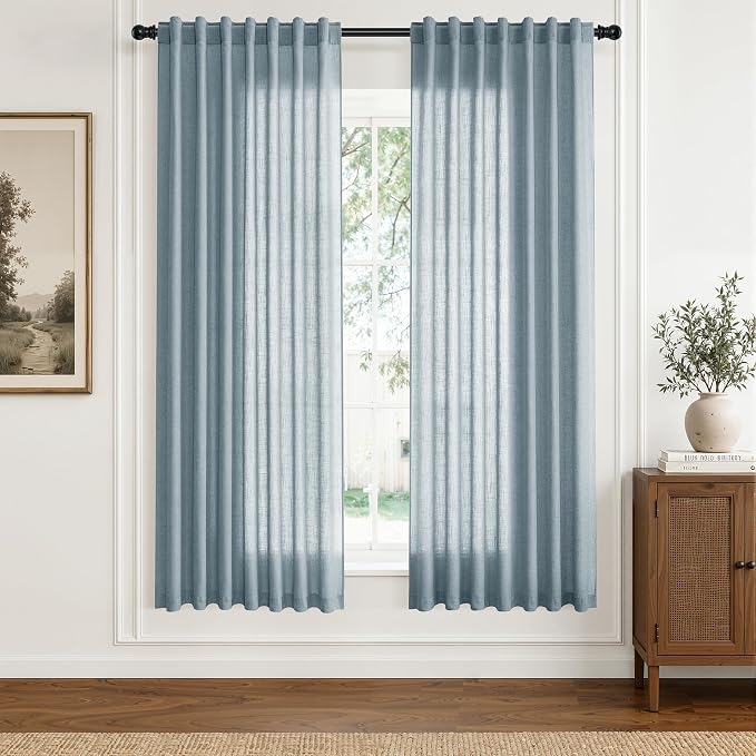 Hokibero Blue Linen Curtains 72 Inches Long Drape for Living Room 2 Panels | Light Filtering Sheer Curtain, Back Tab Rod Pocket Pleated Look, Dusty Blue Privacy Drapes for Bedroom Window, Boho Farmhouse