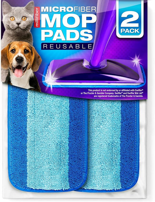 Millifiber Reusable Mop Pads for Swiffer WetJet Mops (2 Pack), Blue | Washable wet mopping cloths, microfiber replacement refills, hardwood floor cleaning pads
