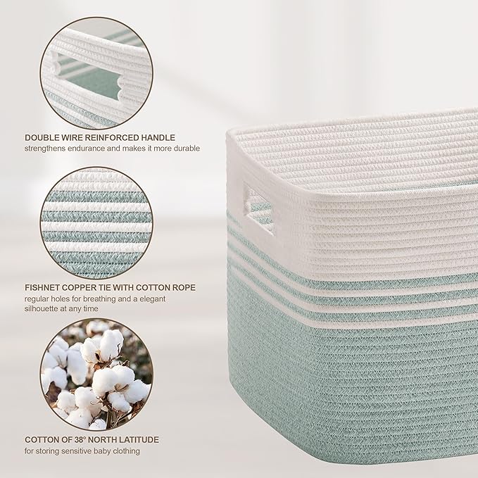 60L Woven Laundry Basket Hamper with Handles, Green | collapsible wicker hamper, storage for dirty clothes, toys, blankets, gifts, living room, bedroom, bathroom, 21"x15"x11"