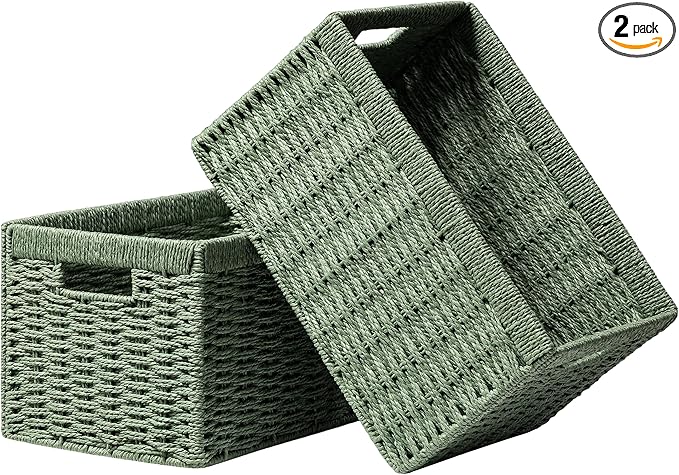 UBBCARE 2 Pack Wicker Basket, 13.4L×8.3H×7.1W inch Woven Paper Rope Storage Baskets for shelves, Foldable Rectangular Storage Baskets with Handle, Storage Basket for Organizing, Green