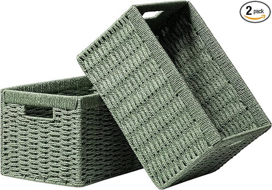 UBBCARE 2 Pack Wicker Basket, 13.4L×8.3H×7.1W inch Woven Paper Rope Storage Baskets for shelves, Foldable Rectangular Storage Baskets with Handle, Storage Basket for Organizing, Green