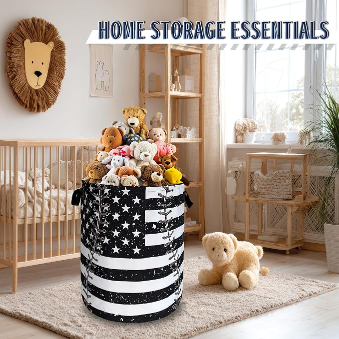 Baseball Textures Laundry Basket Foldable Oxford Cloth American Flag Laundry Hamper With Handle Portable Clothes Storage Organizer Basket 18.9X16.5 Inch Storage Bag For Laundry Room/Bathroom/Bedroom