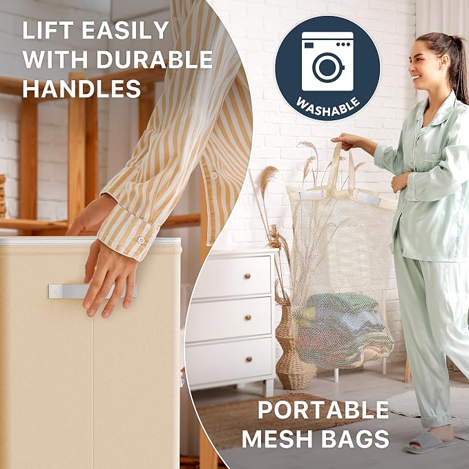Simple Houseware Foldable Laundry Hamper Basket with Lid and Bag, Beige | Heavy Duty 600D Polyester, Water-Resistant Surface