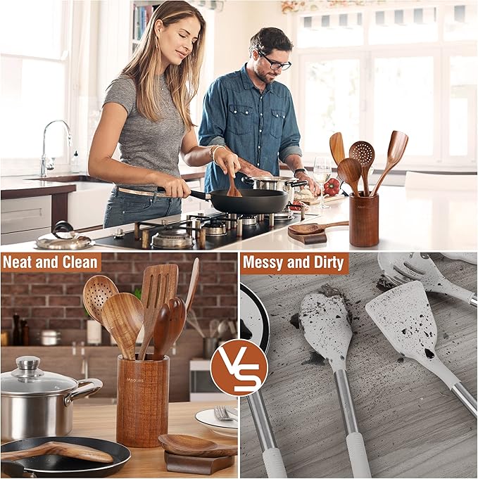 Mooues 9 Piece Natural Teak Wooden Kitchen Utensil Set with Spoon Rest - Comfort Grip Cooking Spoons and Utensils Holder