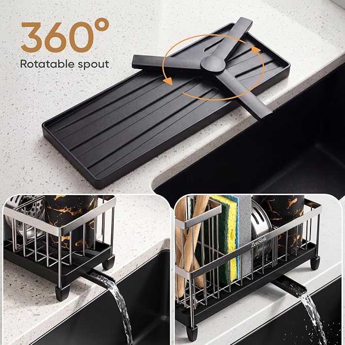 ZenSink Sponge Holder for Kitchen Sink, Kitchen Sink Caddy Organizer with Drain Tray, High Brush Holder, Rustproof 304 Stainless Steel Kitchen Counter Organizer