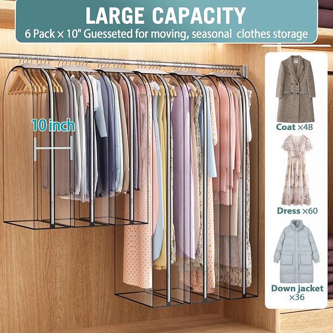 Liuoud Clear Garment Bag for Hanging Clothes 10” Gusseted, 40&60” Suit Bags for Open Closet Storage Plastic Clothes Cover for Coat, Dress, Shirts, Fur, Jacket, Wardrobe Protectors, 6 Pack