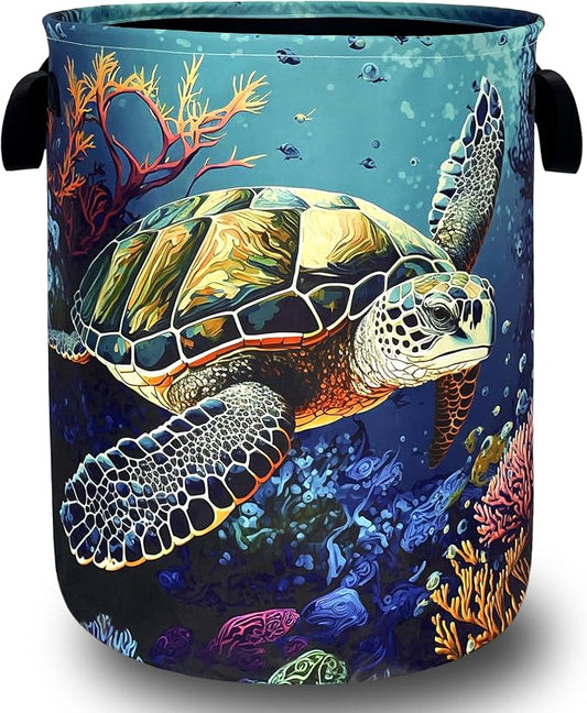 Sea Turtle Laundry Basket Oxford Cloth Colorful Ocean Animal Turtles Laundry Hamper With Handle Foldable Portable Clothes Storage Basket Laundry Bag 18.9"x16.5" For Laundry Room/Bedroom/Bathrooms