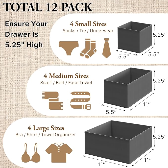 Simple Houseware Foldable Drawer Organizer Bin, Set of 12, Dark Gray | Fabric Storage Bins for Clothes, Underwear, Bra, Panty, Socks, Onesies – Closet & Dresser Dividers for Home