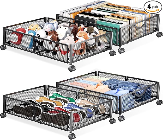 Yecaye Under Bed Storage with Wheels, 4 Pack Under Bed Shoe Storage Organizer Drawer, Tool-free Assembly Metal Underbed Storage Containers for Clothes, Shoes, Toys, Black