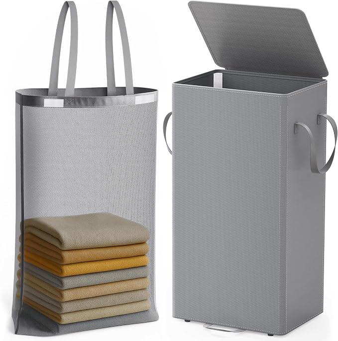 Criusia Laundry Hamper with Lid and Foot Pedal, 100L Fabric Laundry Basket with Removable Mesh Bag, Slim Foldable Design for Bathroom and Laundry Room (Gery)