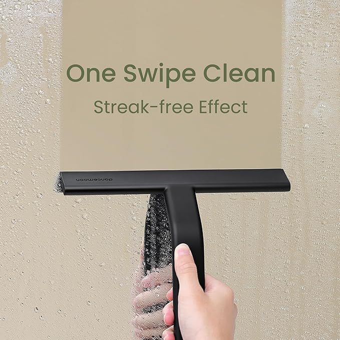dancemoon JustHang Shower Squeegee for Glass Doors, All-in-One Award-Winning Silicone Squeegee with Built-in Hook for Bathroom, Window, Mirror, Tile Wall, Car, Streak-Free Cleaner Tool, 10-Inch Black