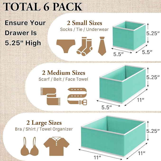 Simple Houseware Underwear Drawer Organizer, Set of 6, Turquoise | for Lingerie/Undergarment/Bra/Panty/Sock/Onesie