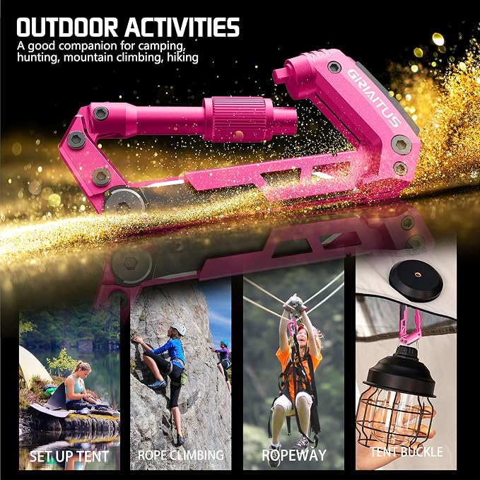 Multitool Carabiner with Pocket Knives, EDC Carabiners, Folding Knife | Serrated, Can Bottle Opener, Rope Cutter, Screwdriver, Keychain Knife for Camping Hiking, Gifts for Women/Men (Pink)