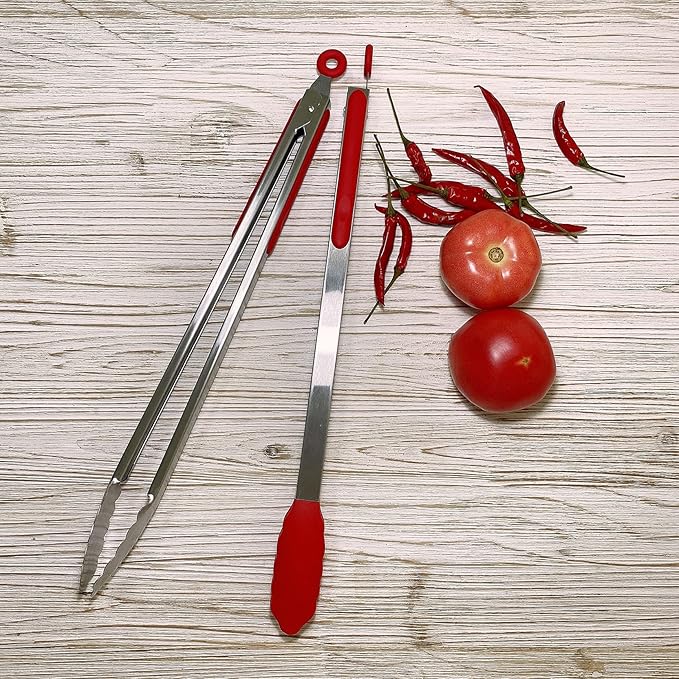18 inch Extra Long Grill Tongs (1 orange + 1 red), with Silicone Tip Head, Stainless Steel Barbecue Tongs with Long Handle, Large Sized Food Tong, Extended Serving Tong