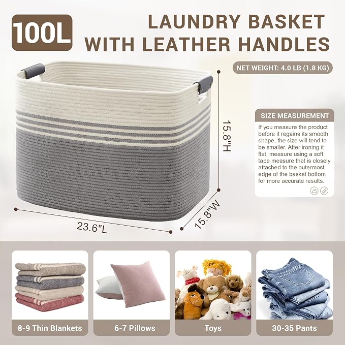 100L Large Woven Laundry Basket Hamper with Leather Handles,Grey | collapsible wicker hamper, storage for dirty clothes, toys, blankets, gifts, living room, bedroom, bathroom, 24"x16"x16"