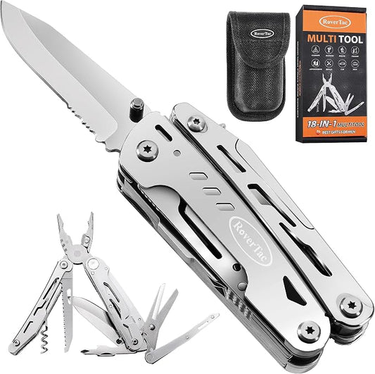 Multi Tool Pocket Knife Tactical Camping Survival Knife Gifts for Men Dad Husband 18 in 1 Multitool Pliers Scissors Saw Corkscrew Bottle Opener 9-pack Screwdrivers Safety Lock Nylon Sheath