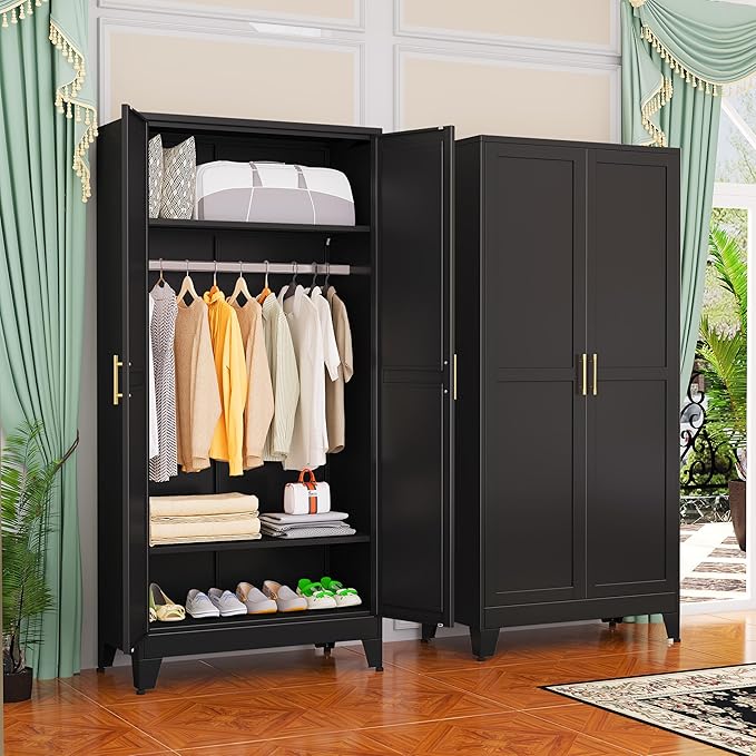GAIOUS Metal Wardrobe Cabinet with Hanging Rod, Clothing Storage Cabinets | with 2 Doors and Adjustable Shelves, 71" Metal Black Armoire Wardrobe Closet for Bedroom, Laundry Room, Cloak Room