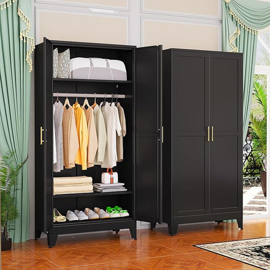 GAIOUS Metal Wardrobe Cabinet with Hanging Rod, Clothing Storage Cabinets | with 2 Doors and Adjustable Shelves, 71" Metal Black Armoire Wardrobe Closet for Bedroom, Laundry Room, Cloak Room