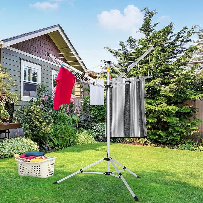 JS HANGER Drying Natural Clothes Airer Outdoor Portable 4-arm Aluminum Drying Rack w/Ground Stake, Carry Bag, 28-Lines with 65 ft. Umbrella Clothesline