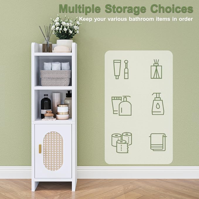Small Bathroom Storage Cabinet, Narrow and Slim Storage Cabinet with Rattan Door and Adjustable Shelves, Corner Floor Bathroom Organizers and Storage for Small Space, White HSC001W