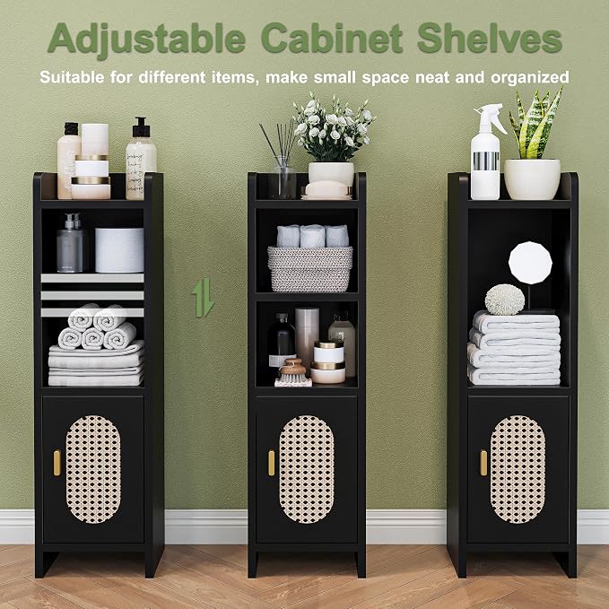 Small Bathroom Storage Cabinet, Narrow and Slim Storage Cabinet with Rattan Door and Adjustable Shelves, Corner Floor Bathroom Organizers and Storage for Small Space, Black HSC001B