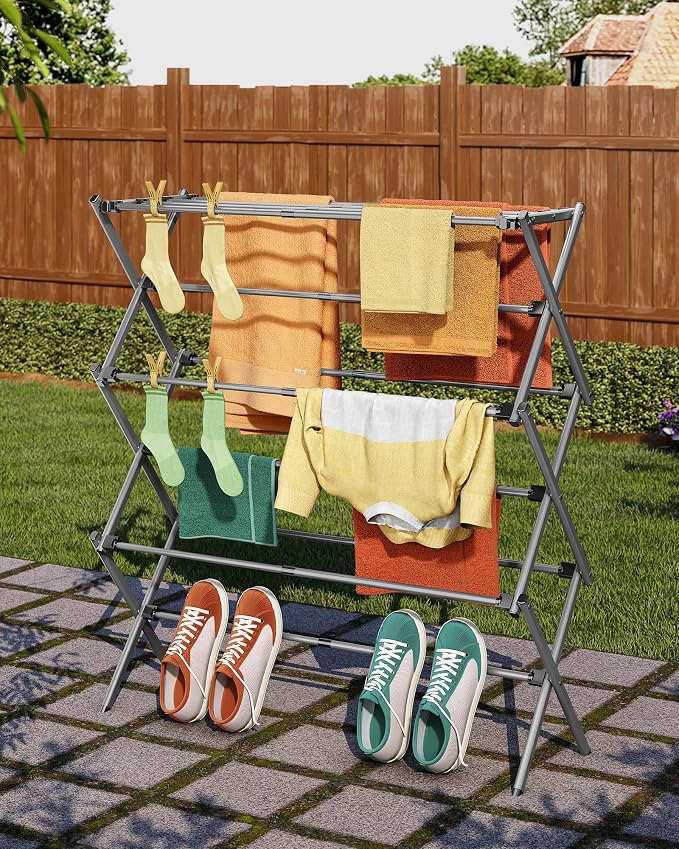 APEXCHASER 3-Tier Foldable Clothes Drying Rack, 37.6" H, Grey/Black | Rust-resistant Metal, Tool-free Assembly, Extendable Drying Hanger, Fold Flat to Easy Storage, 11.8" D x 35" W, Holds 24lbs