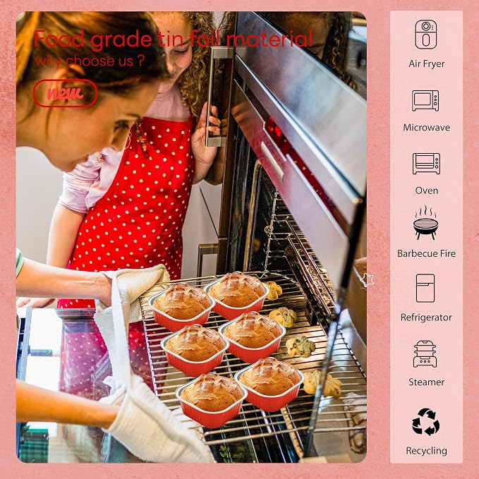 NPLUX 50 Pcs Mini Square Baking Cups with Lids and Spoons Aluminum Foil Mini Cake Pans with Lids Disposable Ramekins Cake Pans Dessert Cups for Wedding Birthday Party(Red,10oz) (Pack of 2)