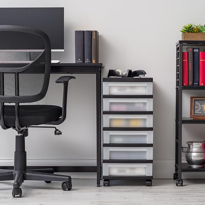 IRIS USA 6-Drawer Rolling Storage Cart with Organizer Top, Black/Pearl | Keep craft supplies, office essentials, classroom items, and accessories organized with easy-access drawers for daily use