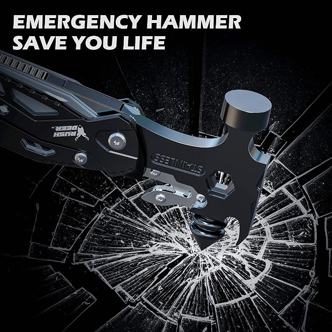 Rush Deer Camping Essentials Multitool,16 in 1 Multi Tool Survival Gear with Hammer, Pliers, Knife, Screwdrivers, Bottle Opener & Car Safety Hammer, for Camping, Hiking, Gift for Dad Him
