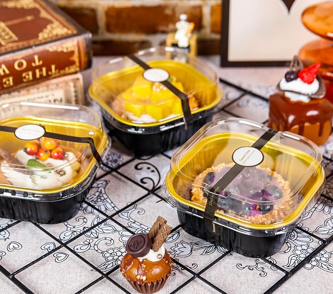 NPLUX 50 Pcs Mini Square Baking Cups with Lids and Spoons Aluminum Foil Mini Cake Pans with Lids Disposable Ramekins Cake Pans Dessert Cups for Wedding, Graduation Gifts Party Favors(Black Gold,10oz)